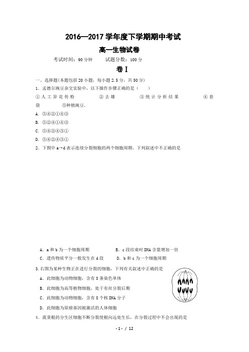 2016-2017学年高一下学期期中考试生物试卷+Word版含答案
