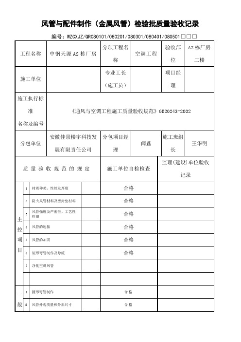风管与配件制作金属风管 检验批质量验收记录