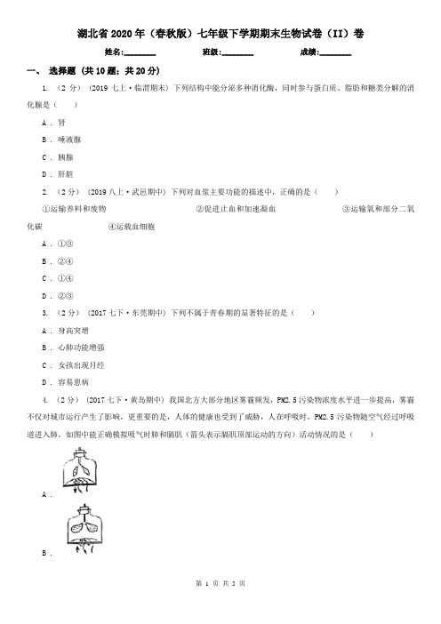 湖北省2020年(春秋版)七年级下学期期末生物试卷(II)卷(精编)