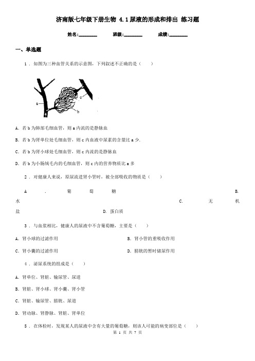 济南版七年级下册生物 4.1尿液的形成和排出 练习题