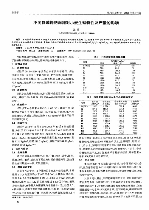 不同氮磷钾肥配施对小麦生理特性及产量的影响