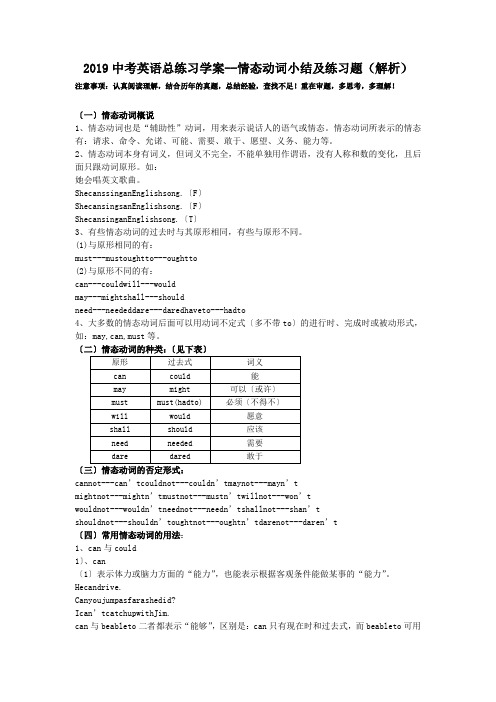 2019中考英语总练习学案--情态动词小结及练习题(解析).doc