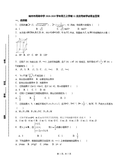 锦州市高级中学2018-2019学年高三上学期11月月考数学试卷含答案