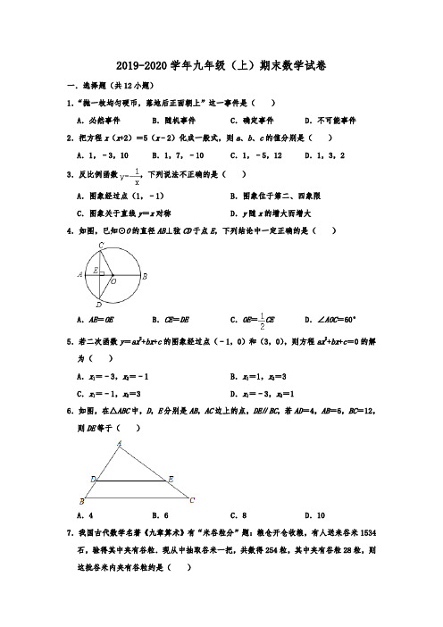 山东省滨州市无棣县2019-2020学年九年级(上)期末数学试卷  解析版