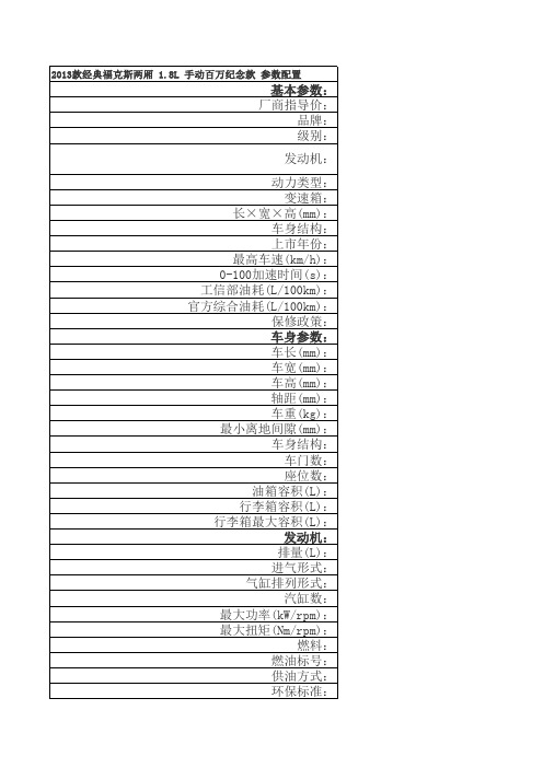 2013款经典福克斯两厢 1.8L 手动百万纪念款 参数配置