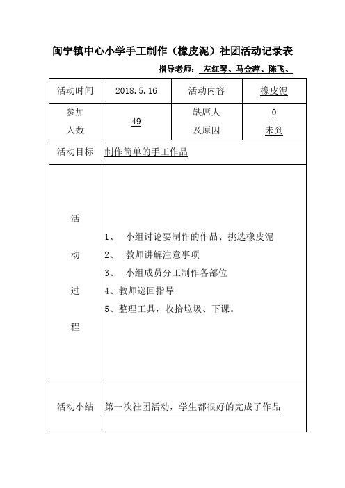 手工制作(橡皮泥)社团活动记录表