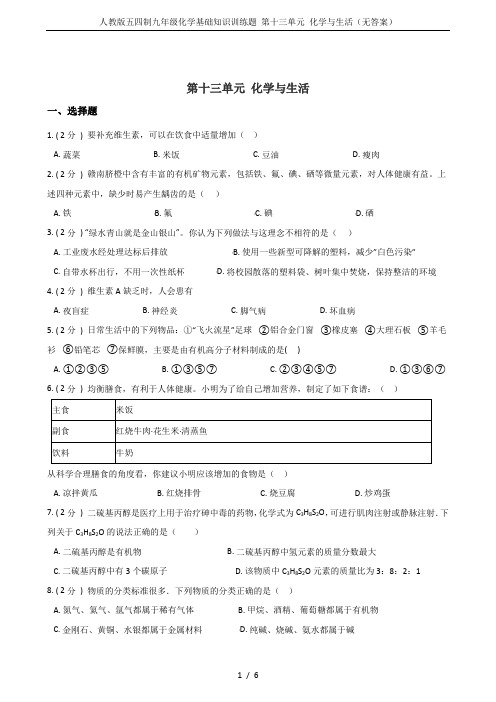 人教版五四制九年级化学基础知识训练题 第十三单元 化学与生活(无答案)