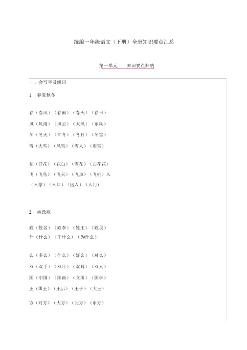 2020新部编本一年级语文下册全册单元知识点汇总