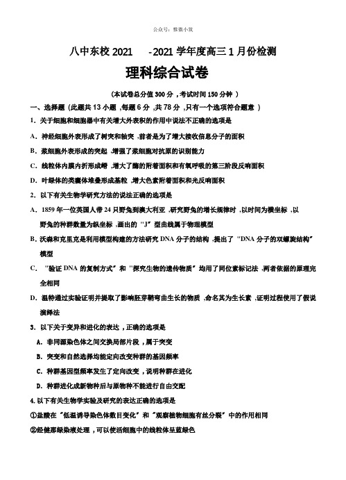 山东省枣庄第八中学2021届高三1月考前测试理科综合试卷(Word版,含答案)