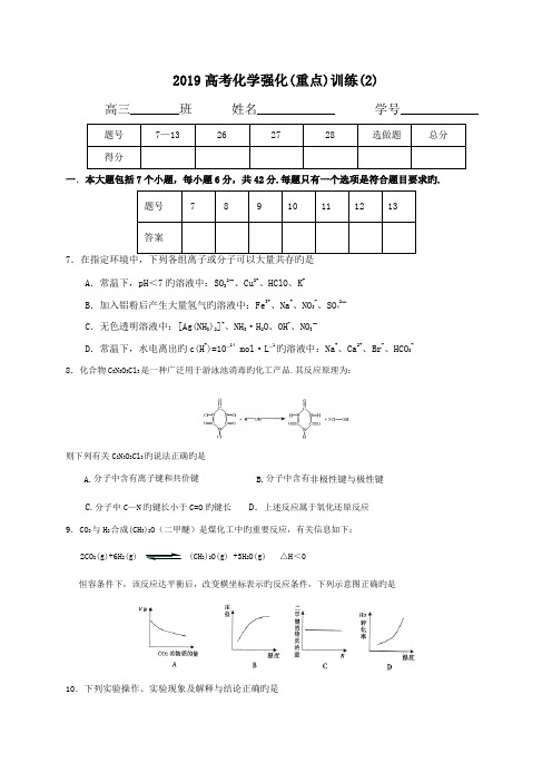 2019届高考化学强化(重点)训练化学试题