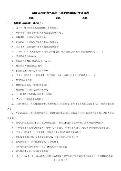 湖南省株洲市九年级上学期物理期末考试试卷