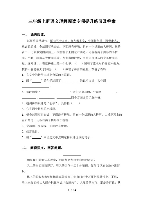 三年级上册语文理解阅读专项提升练习及答案