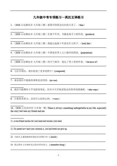 初中英语 九年级山东中考专项练习—英汉互译练习
