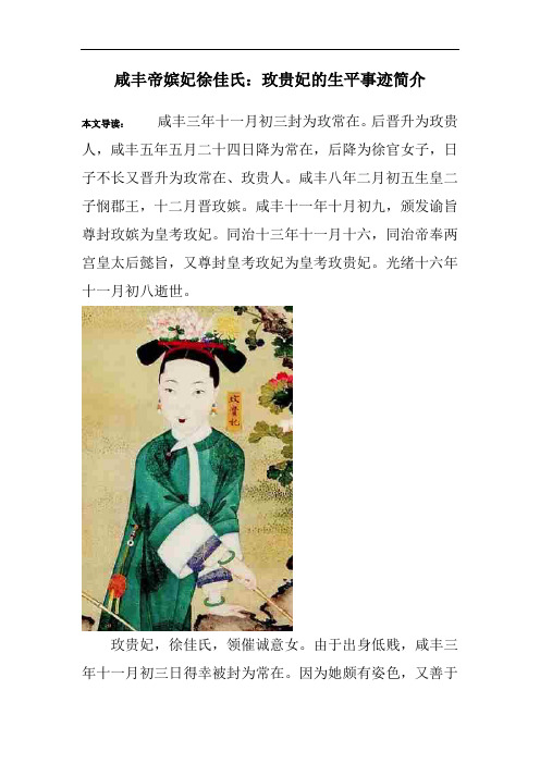 咸丰帝嫔妃徐佳氏：玫贵妃的生平事迹简介
