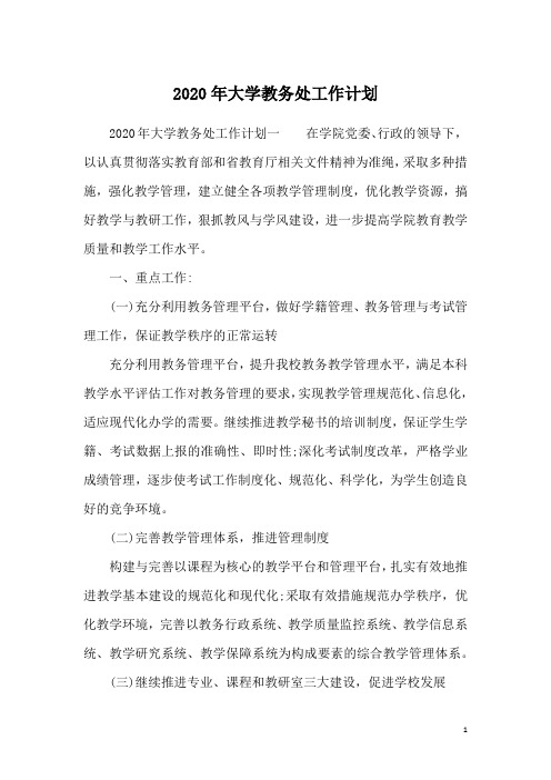 2020年大学教务处工作计划