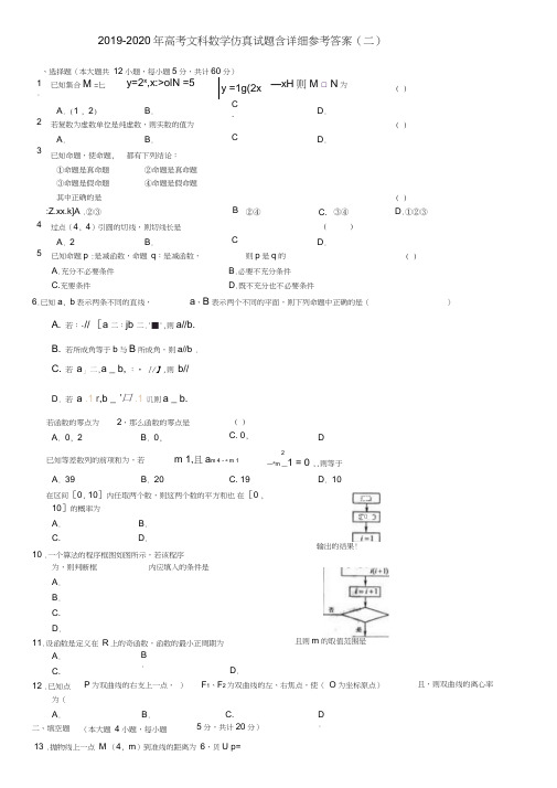 2019-2020年高考文科数学仿真试题含详细参考答案(二)