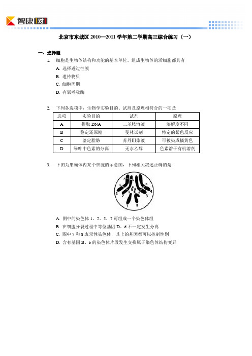 2011北京东城高考一模生物(含解析)