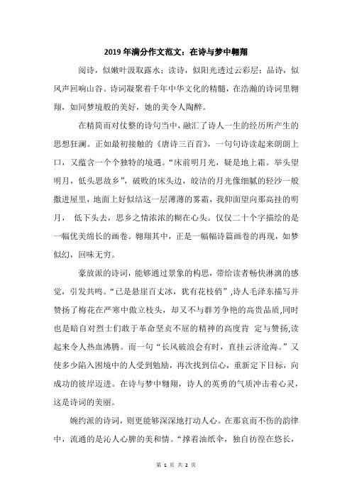 2019年满分作文范文：在诗与梦中翱翔