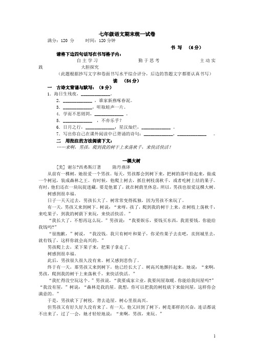 2019--2020学年度(人教版)七年级语文上学期期末考试试卷(含答案)