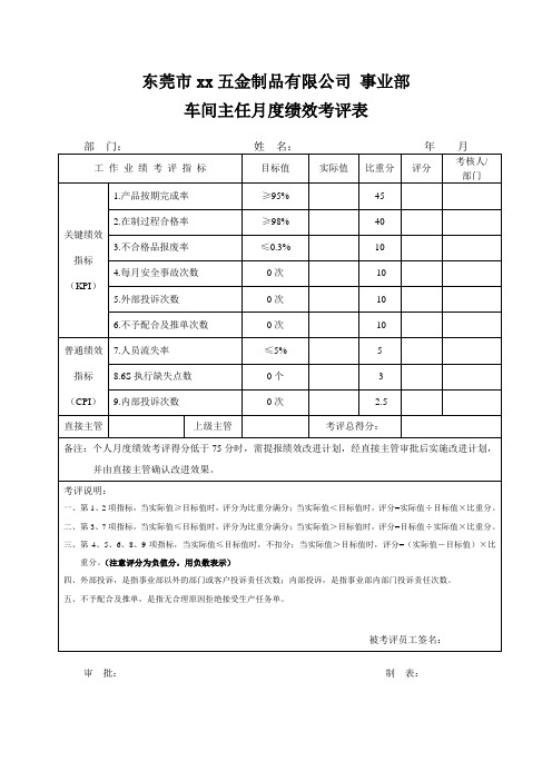 车间主任绩效考核表