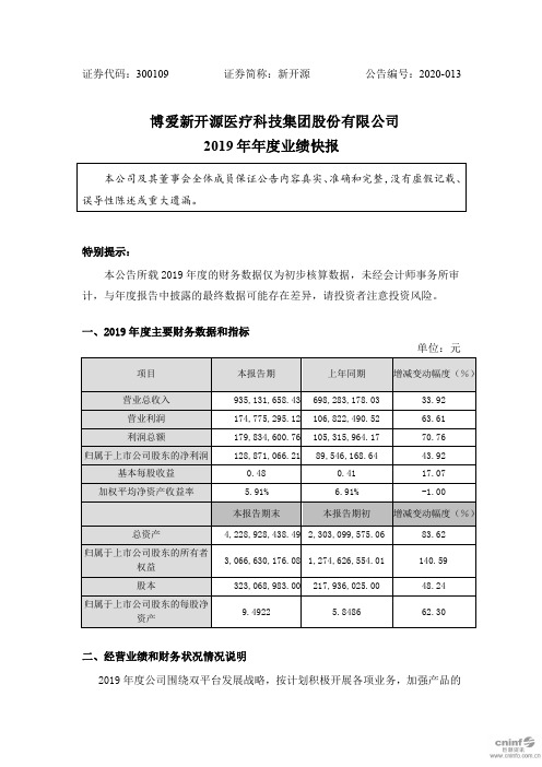 新开源：2019年年度业绩快报