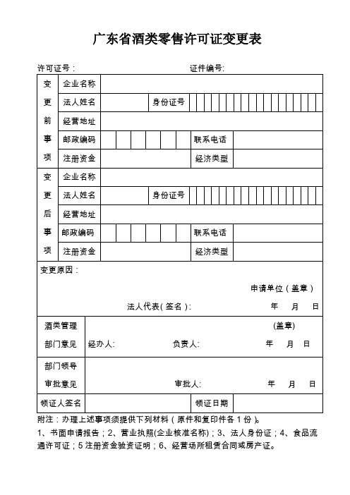 广东酒类零售许可证变更表