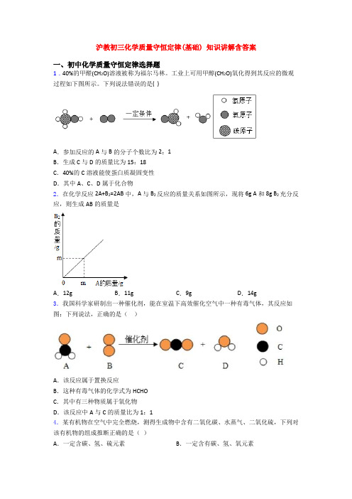 沪教初三化学质量守恒定律(基础) 知识讲解含答案