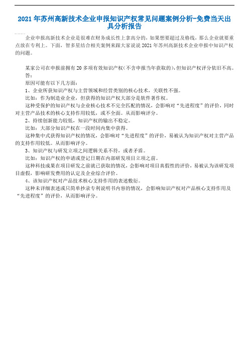 2021年苏州高新技术企业申报知识产权常见问题案例分析-免费当天出具分析报告