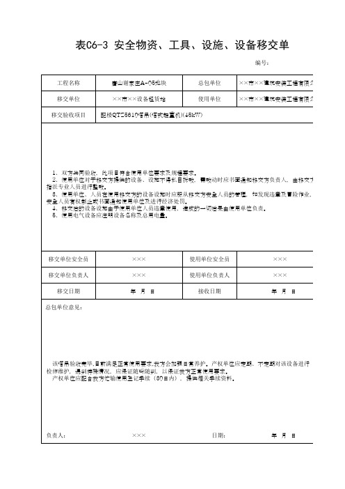 表C6-3 安全物资、工具、设施、设备移交单