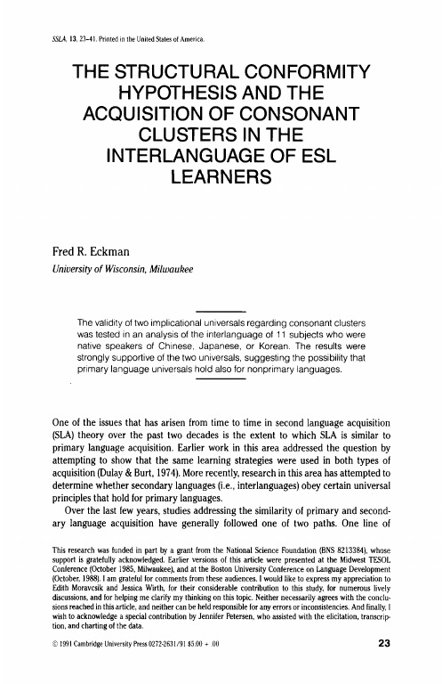The Structural Conformity Hypothesis and the Acquisition of Consonant Clusters in the Interlanguage