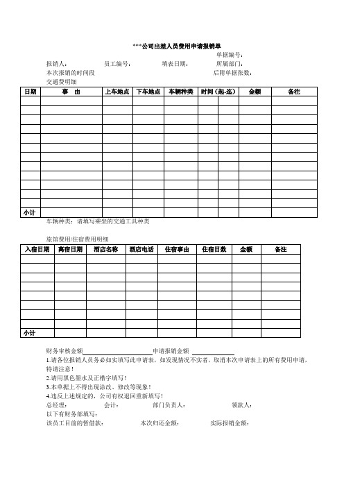 公司出差人员费用申请报销单