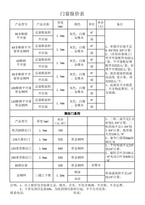 门窗报价表