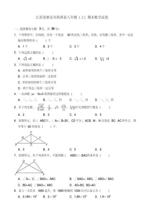 江苏省淮安市洪泽县2020学年八年级上期末数学试卷(有答案)【精品好卷】