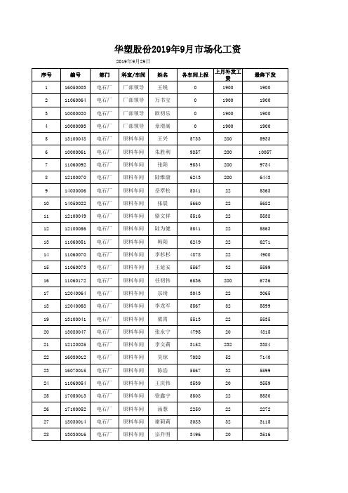 2019年9月市场化工资(电石厂)