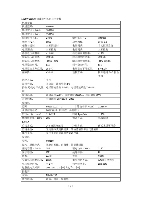 150KW150KW柴油发电机组技术参数