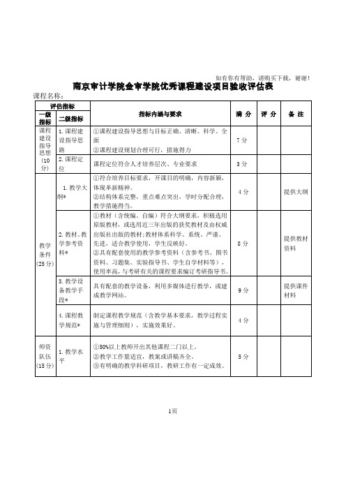 南京审计学院金审学院优秀课程建设项目验收评估表