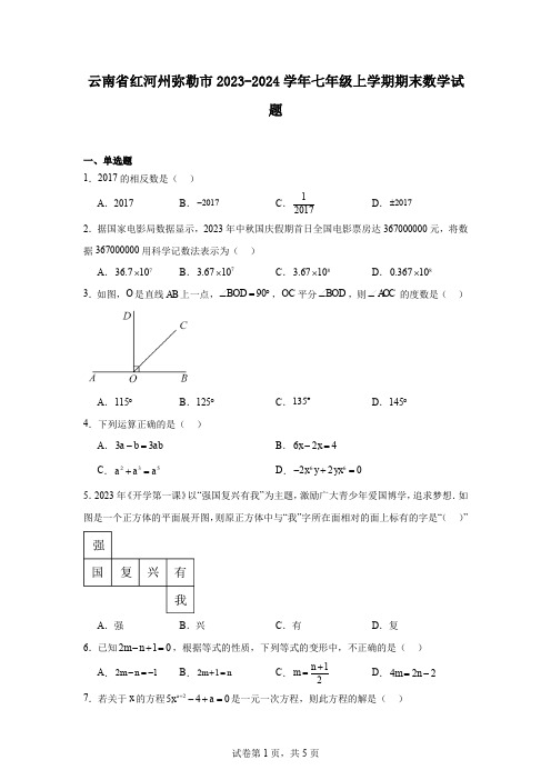云南省红河州弥勒市2023-2024学年七年级上学期期末数学试题