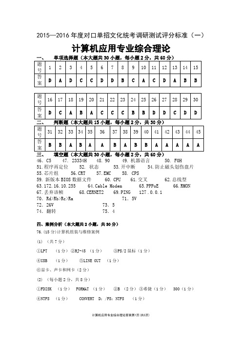 2015—2016年度对口单招文化计算机应用评分标准