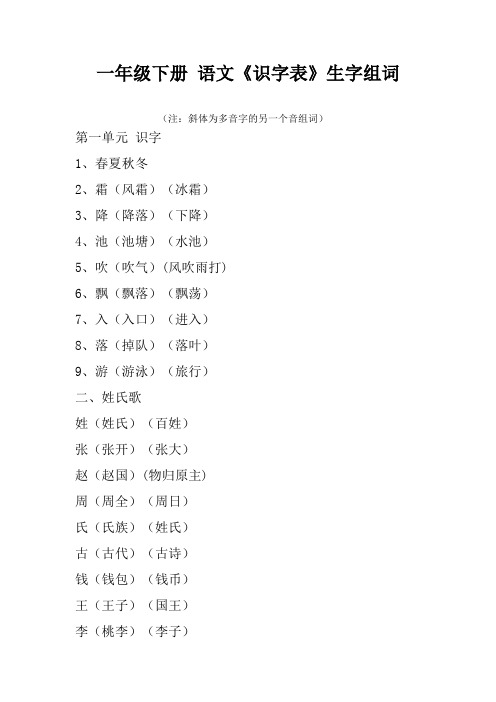 一年级下册语文识字表生字组词