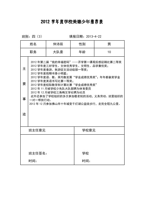 2012学年度学校美德少年推荐表