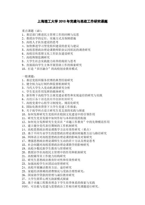 上海理工大学2010年党建与思政工作研究课题