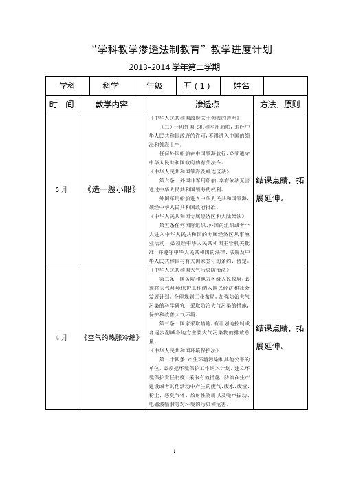 五下科学 渗透法制教育教学进度计划