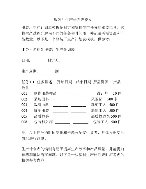 服装厂生产计划表模板