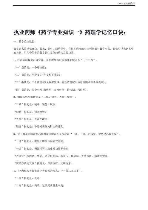 2021执业药师《药学专业知识一》药理学记忆口诀