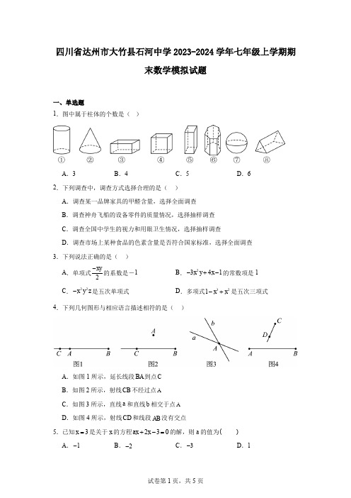 四川省达州市大竹县石河中学2023-2024学年七年级上学期期末数学模拟试题