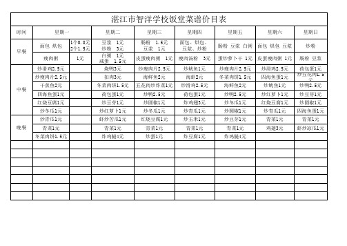 饭堂菜谱价目表