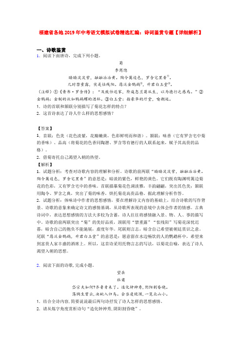 福建省各地2019年中考语文模拟试卷精选汇编：诗词鉴赏专题【详细解析】