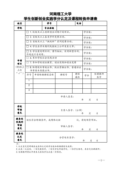 河南理工大学学生创新创业实践学分认定及课程转换申请表