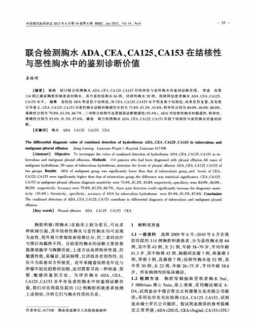 联合检测胸水ADA、CEA、CA125、CA153在结核性与恶性胸水中的鉴别诊断价值