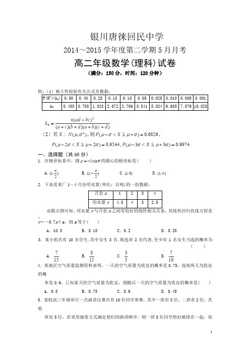 宁夏银川市唐徕回民中学2014-2015学年高二5月月考数学(理)试卷